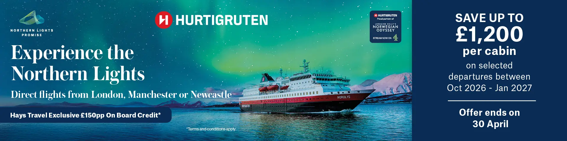 Experience the Northern Lights with Hurtigruten Norway Coastal, and enjoy £150pp Hays Travel Exclusive On Board Credit